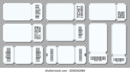 Blank mockup ticket. Concert hall blank ticket with barcode and QR code, isolated set of different modern coupons