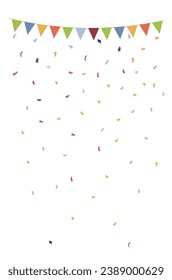 Blank modern holiday card with confetti and colorful flag garlands. Background with copy space for birthday, Christmas, anniversary. Flat vector cartoon.