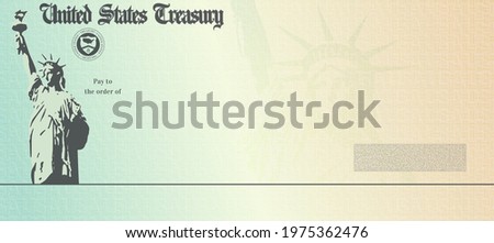 Blank money check template. Fake stimulus cheque mockup. Bank checkbook background