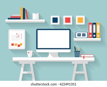 Blank monitor or computer desktop with office tools, diary, books, frames and other accessories on white table in sunny room. Mock up. Home office, Stylish interior Vector Flat design with long shadow