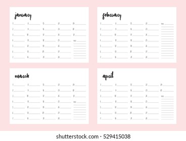 Blank Monthly Calendar for January, February, March and April. Minimal design Monthly Planner template, ready to use. Inspirational Self Improvement stationery design for organizer or planner
