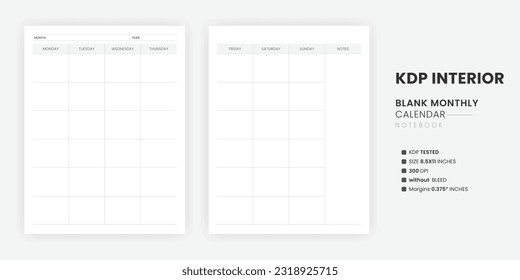 Blank Monthly Calendar Printable KDP Interiors Template