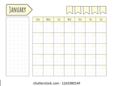 Blank Monthly Planner with grid and note in yellow and white template