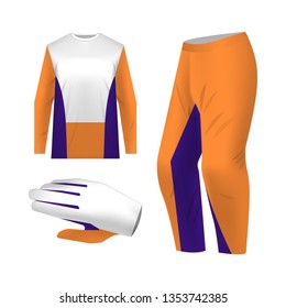 Blank motocross kit mock up. Isolated design templates. Long sleeve jersey, trousers and glove. Total look uniform design. Layout for own team wearing.