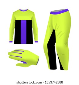 Blank motocross kit mock up. Isolated design templates. Long sleeve jersey, trousers and glove. Total look uniform design. Layout for own team wearing.