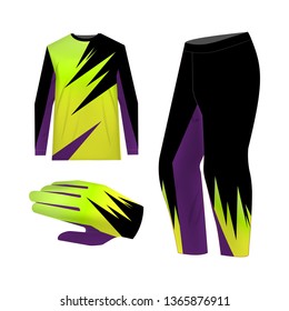 Blank motocross kit mock up. Isolated design templates. Long sleeve jersey, trousers and glove. Total look uniform design. Layout for own team wearing.