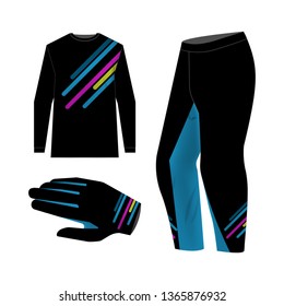 Blank motocross kit mock up. Isolated design templates. Long sleeve jersey, trousers and glove. Total look uniform design. Layout for own team wearing.