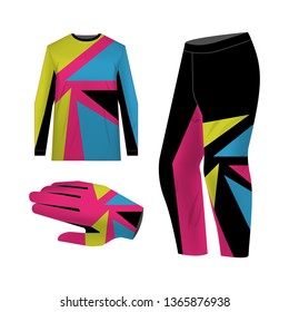 Blank motocross kit mock up. Isolated design templates. Long sleeve jersey, trousers and glove. Total look uniform design. Layout for own team wearing.
