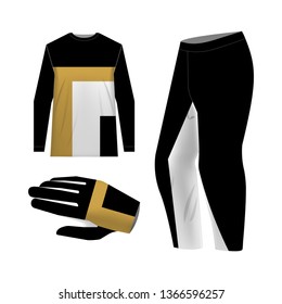 Blank motocross kit mock up. Isolated design templates. Long sleeve jersey, trousers and glove. Total look uniform design. Layout for own team wearing.
