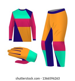 Blank motocross kit mock up. Isolated design templates. Long sleeve jersey, trousers and glove. Total look uniform design. Layout for own team wearing.