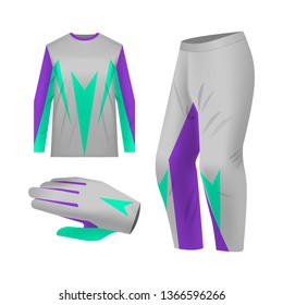 Blank motocross kit mock up. Isolated design templates. Long sleeve jersey, trousers and glove. Total look uniform design. Layout for own team wearing.