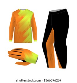 Blank motocross kit mock up. Isolated design templates. Long sleeve jersey, trousers and glove. Total look uniform design. Layout for own team wearing.
