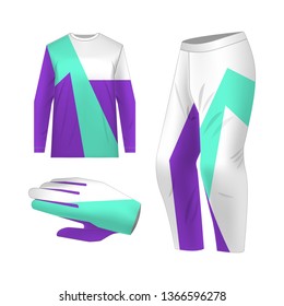 Blank motocross kit mock up. Isolated design templates. Long sleeve jersey, trousers and glove. Total look uniform design. Layout for own team wearing.