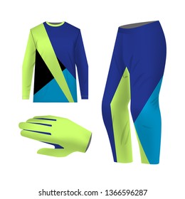 Blank motocross kit mock up. Isolated design templates. Long sleeve jersey, trousers and glove. Total look uniform design. Layout for own team wearing.