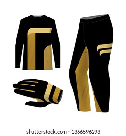 Blank motocross kit mock up. Isolated design templates. Long sleeve jersey, trousers and glove. Total look uniform design. Layout for own team wearing.
