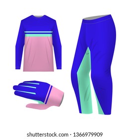 Blank motocross kit mock up. Isolated design templates. Long sleeve jersey, trousers and glove. Total look uniform design. Layout for own team wearing.
