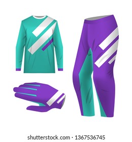 Blank motocross kit mock up. Isolated design templates. Long sleeve jersey, trousers and glove. Total look uniform design. Layout for own team wearing.