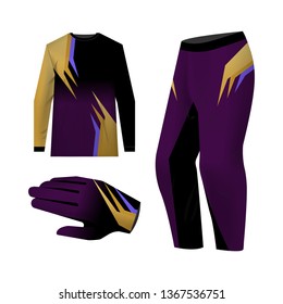 Blank motocross kit mock up. Isolated design templates. Long sleeve jersey, trousers and glove. Total look uniform design. Layout for own team wearing.