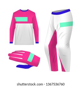 Blank motocross kit mock up. Isolated design templates. Long sleeve jersey, trousers and glove. Total look uniform design. Layout for own team wearing.