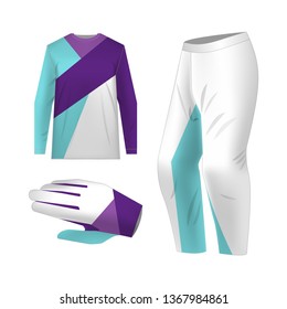 Blank motocross kit mock up. Isolated design templates. Long sleeve jersey, trousers and glove. Total look uniform design. Layout for own team wearing.