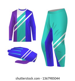 Blank motocross kit mock up. Isolated design templates. Long sleeve jersey, trousers and glove. Total look uniform design. Layout for own team wearing.