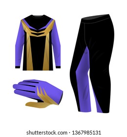 Blank motocross kit mock up. Isolated design templates. Long sleeve jersey, trousers and glove. Total look uniform design. Layout for own team wearing.