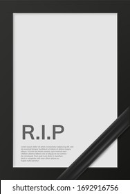 Blank mourning frame for sympathy card. Funeral photo frame mockup with black ribbon. Black memorial frame with empty place for portrait isolated vector illustration. Funeral ceremony and condolence.