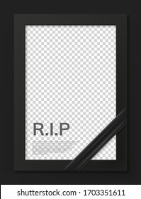 Blank mourning frame for sympathy card. Funeral photo frame mockup with black ribbon. Black memorial frame with empty place for portrait isolated vector illustration. Funeral ceremony and condolence.