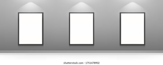 Blank movie posters illuminated by spotlights. Vector realistic interior of cinema, theater or gallery with white picture frames on gray wall. Empty advertising banners with black border and lamps