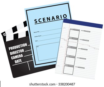 Blank movie storyboard, screenplay and slapstick to shoot the film. Vector illustration.