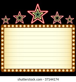 Blank movie, theater or casino marquee with neon stars above isolated on black background.