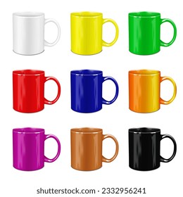 Blank mug realistic vector mockup. Ceramic cup mock-up. Color set. Template for design. Easy to recolor