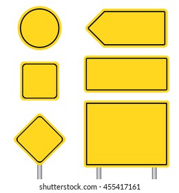Blank multiple size of yellow transportation sign set with pole