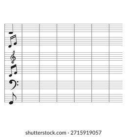 Hoja de música en blanco con notas decorativas. Plantilla de partituras limpias con múltiples pentagramas y símbolos musicales decorativos, ideal para componer, enseñar y practicar la teoría musical.
