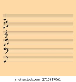 Hoja de música en blanco con notas decorativas. Plantilla de partituras limpias con múltiples pentagramas y símbolos musicales decorativos, ideal para componer, enseñar y practicar la teoría musical.
