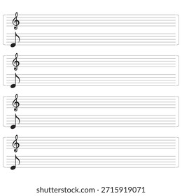 Hoja de música en blanco con notas decorativas. Plantilla de partituras limpias con múltiples pentagramas y símbolos musicales decorativos, ideal para componer, enseñar y practicar la teoría musical.

