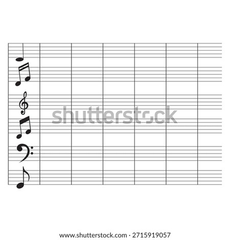 Blank music sheet with decorative notes. Clean sheet music template featuring multiple staves and decorative musical symbols, ideal for composing, teaching, and music theory practice.
