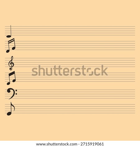 Blank music sheet with decorative notes. Clean sheet music template featuring multiple staves and decorative musical symbols, ideal for composing, teaching, and music theory practice.
