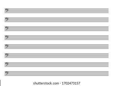 Blank music sheet score with bass keys. Real size for print. Horizontal music books. Five-line staff with treble clef. Western musical notation. Vector Illustration on isolated white background. 