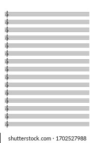 Blank Music Sheet Score With Keys. Real Size For Print. Vertical Music Books. Five-line Staff With Treble Clef. Western Musical Notation. Vector Illustration On Isolated White Background. 