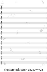 Blank music sheet score with violin keys. Real size for print.