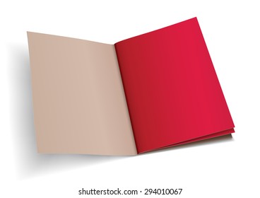 A blank natural brown recycled card brochure open at inside red pages.