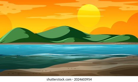 Blank nature landscape at sunset time scene with mountain background illustration