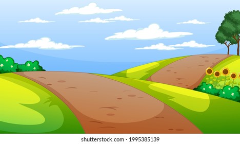 Blank nature park landscape at daytime scene with pathway through the meadow illustration