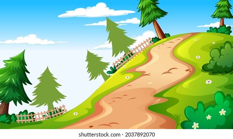 Blank nature park landscape at daytime scene with pathway through the meadow illustration