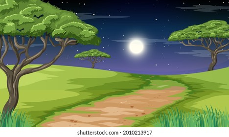 Blank nature park landscape at night scene with pathway through the meadow illustration