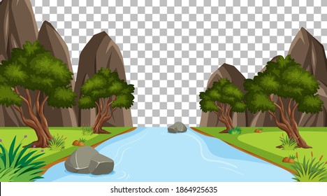 Blank nature park scene with river landscape on transparent background illustration