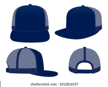 Blank Navy Blue 5-Panels Hip Hop Cap with Mesh Back, Adjustable Snap Back Closure Template on White Background, Vector File.