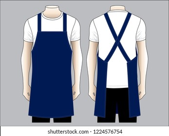 Blank Navy Blue Apron Template on Gray Background. Front and Back Views, Vector File.