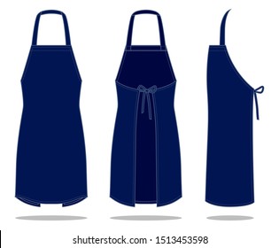 Blank Navy Blue Apron for Template on White Background. Front, Back, and Side Views, Vector File.